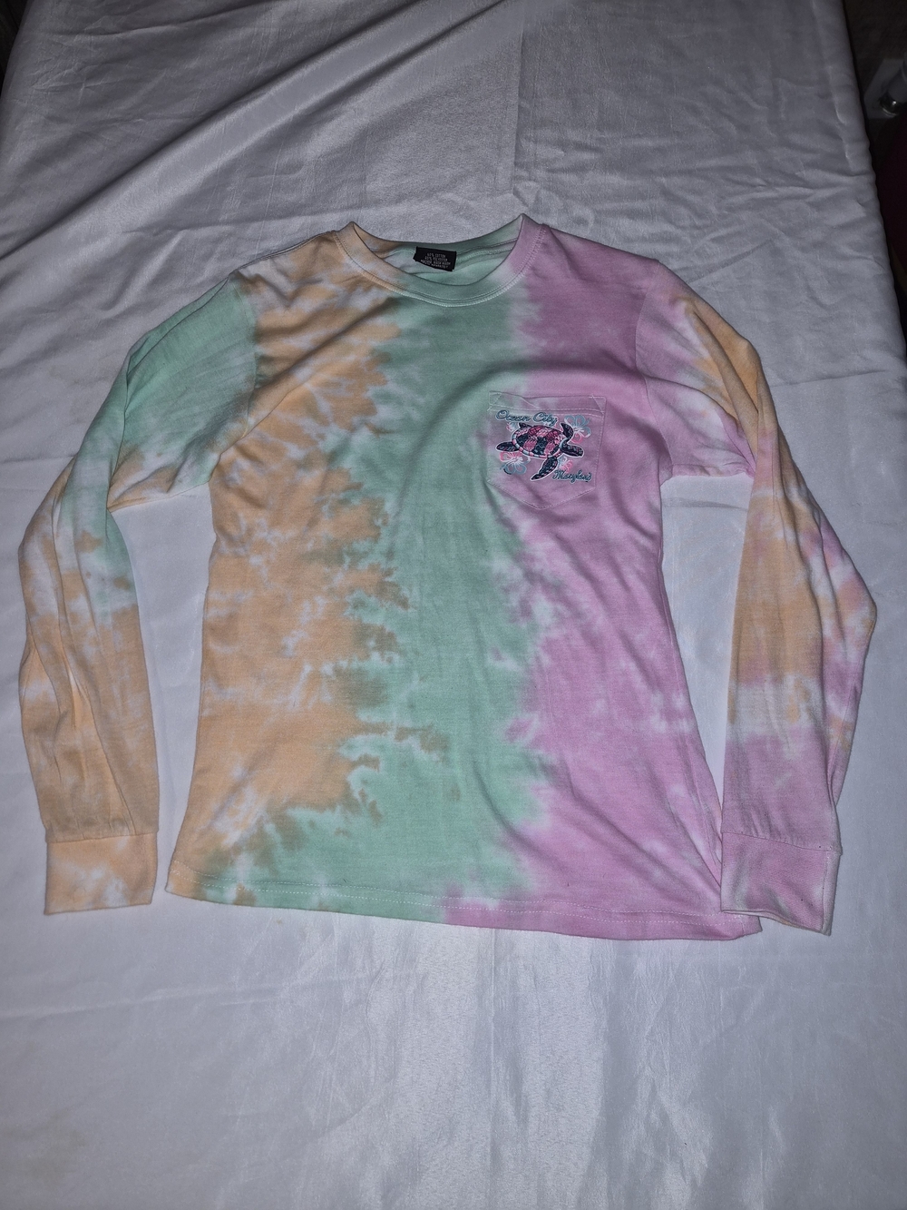 Tie-Dye Long Sleeve Tee in Pastel Pink, Green & Peach - Unbranded